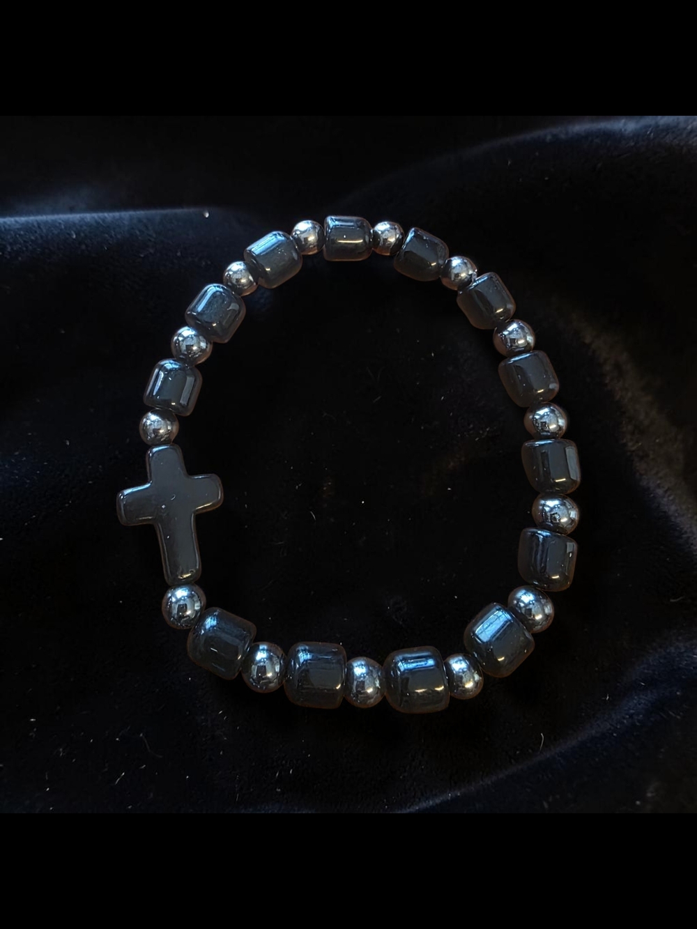 Handmade Black Cross Stretch Bracelet Hematite Spacer Beads NWT